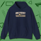 One Pocket Takes Patience Billiards Hoodie, front view, in Navy strike fear with swagger and precision
