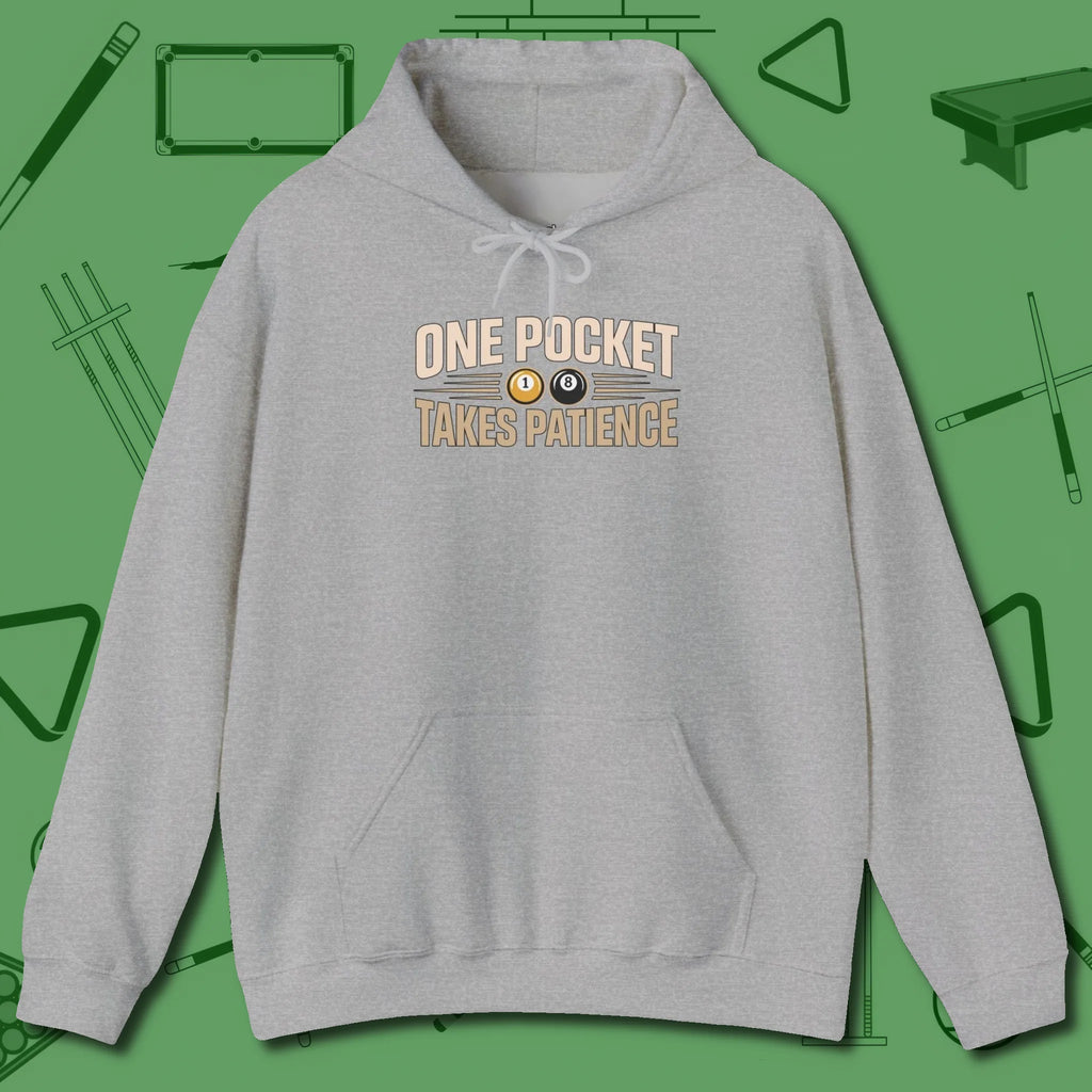 One Pocket Takes Patience Billiards Hoodie, front view, in Sport Grey confidence stitched in every seam