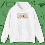 One Pocket Takes Patience Billiards Hoodie, front view, in White as serious as your stroke