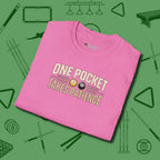 One Pocket Takes Patience Billiards T-Shirt, folded view, in Azalea style that banks as hard as you do