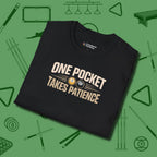 One Pocket Takes Patience Billiards T-Shirt, folded view, in Black smart apparel for strategic players