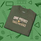 One Pocket Takes Patience Billiards T-Shirt, folded view, in Military Green your go-to shirt for league night victories