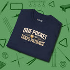 One Pocket Takes Patience Billiards T-Shirt, folded view, in Navy table-tested, street-approved style