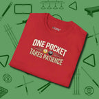One Pocket Takes Patience Billiards T-Shirt, folded view, in Red classic cue style, no gimmicks