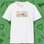 One Pocket Takes Patience Billiards T-Shirt, front view, in White strike fear with swagger and precision