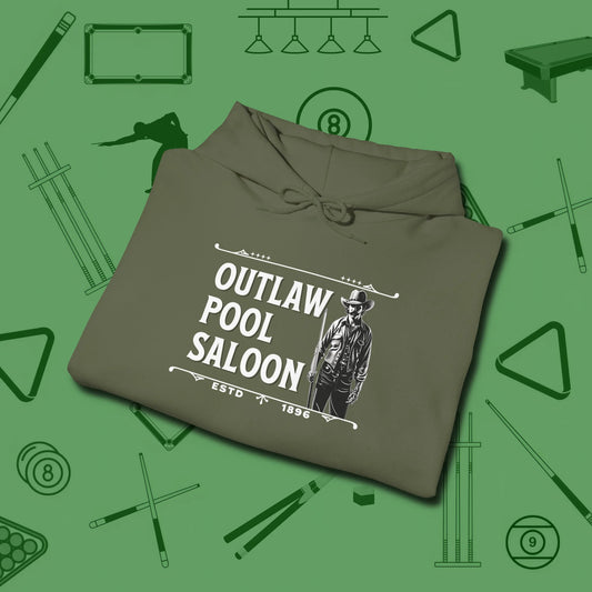 Outlaw Saloon Hoodie, folded view, in Military Green dress for the shot you want to take