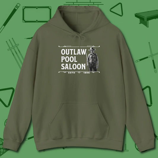 Outlaw Saloon Hoodie, front view, in Military Green made for pool sharks, not posers
