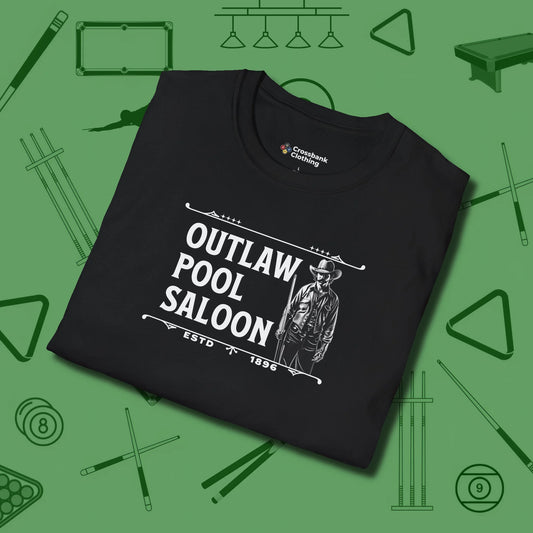 Outlaw Saloon T-Shirt, folded view, in Black not your average 8-ball graphic tee