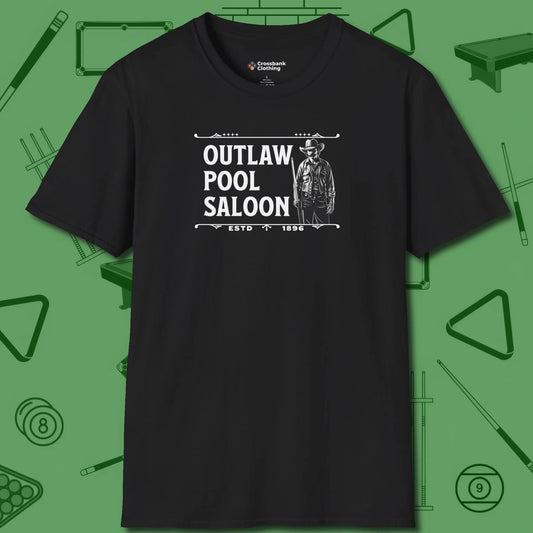 Outlaw Saloon T-Shirt, front view, in Black clean lines for dirty minds