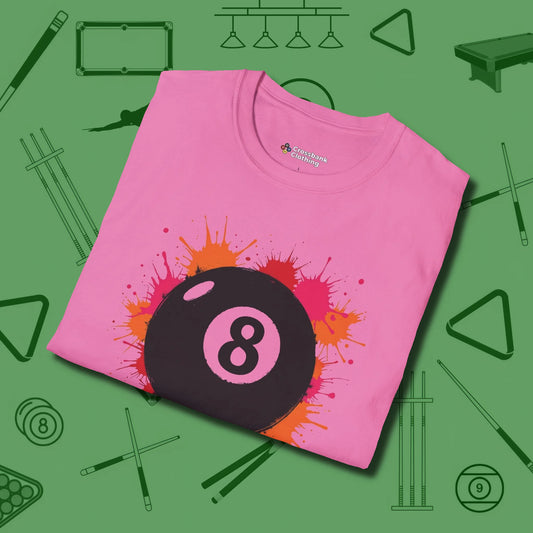 Paint Splatter Eight Ball T-Shirt, folded view, in Azalea from chalk to clutch, look the part