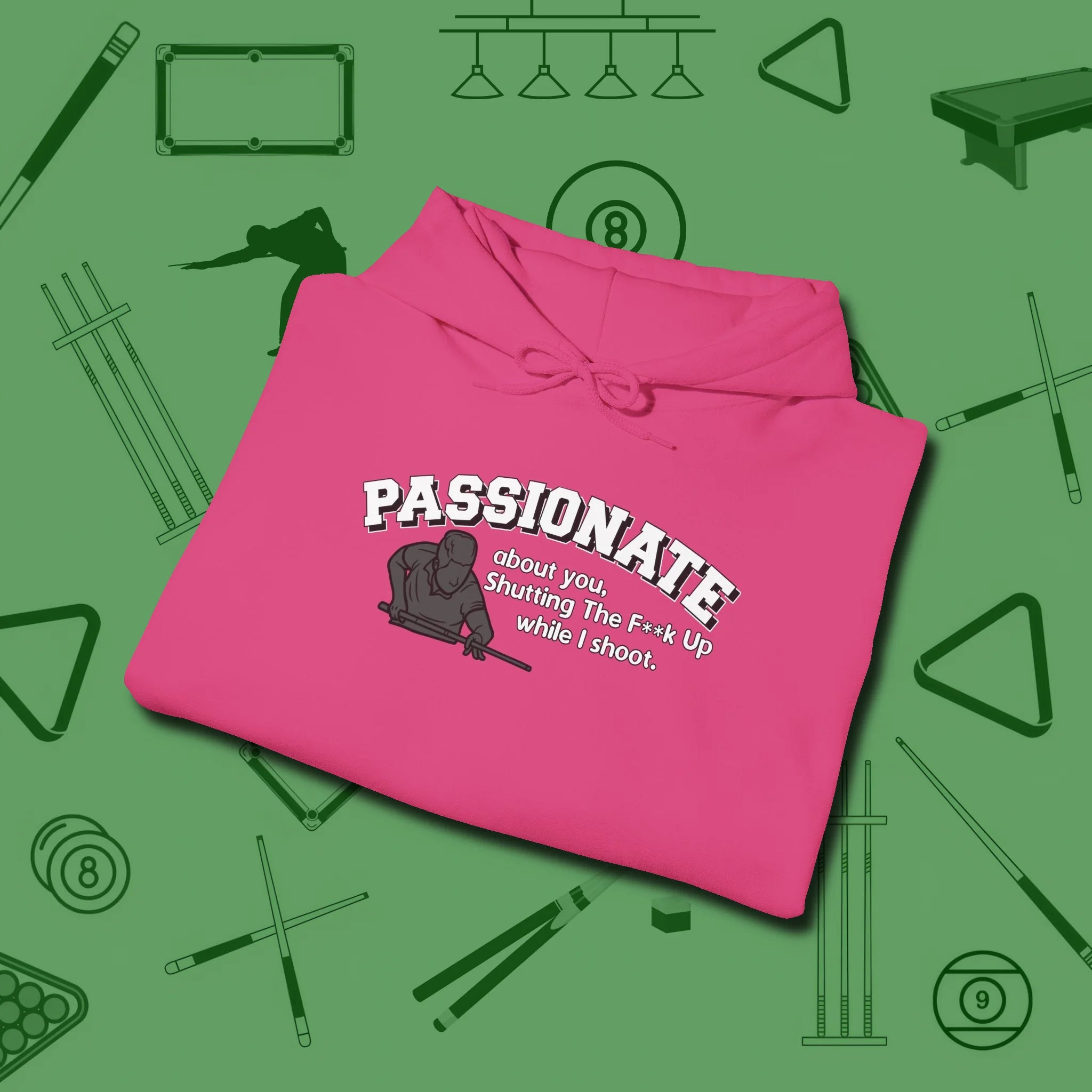 Passionate Billiards Hoodie, folded view, in Heliconia your go-to shirt for league night victories
