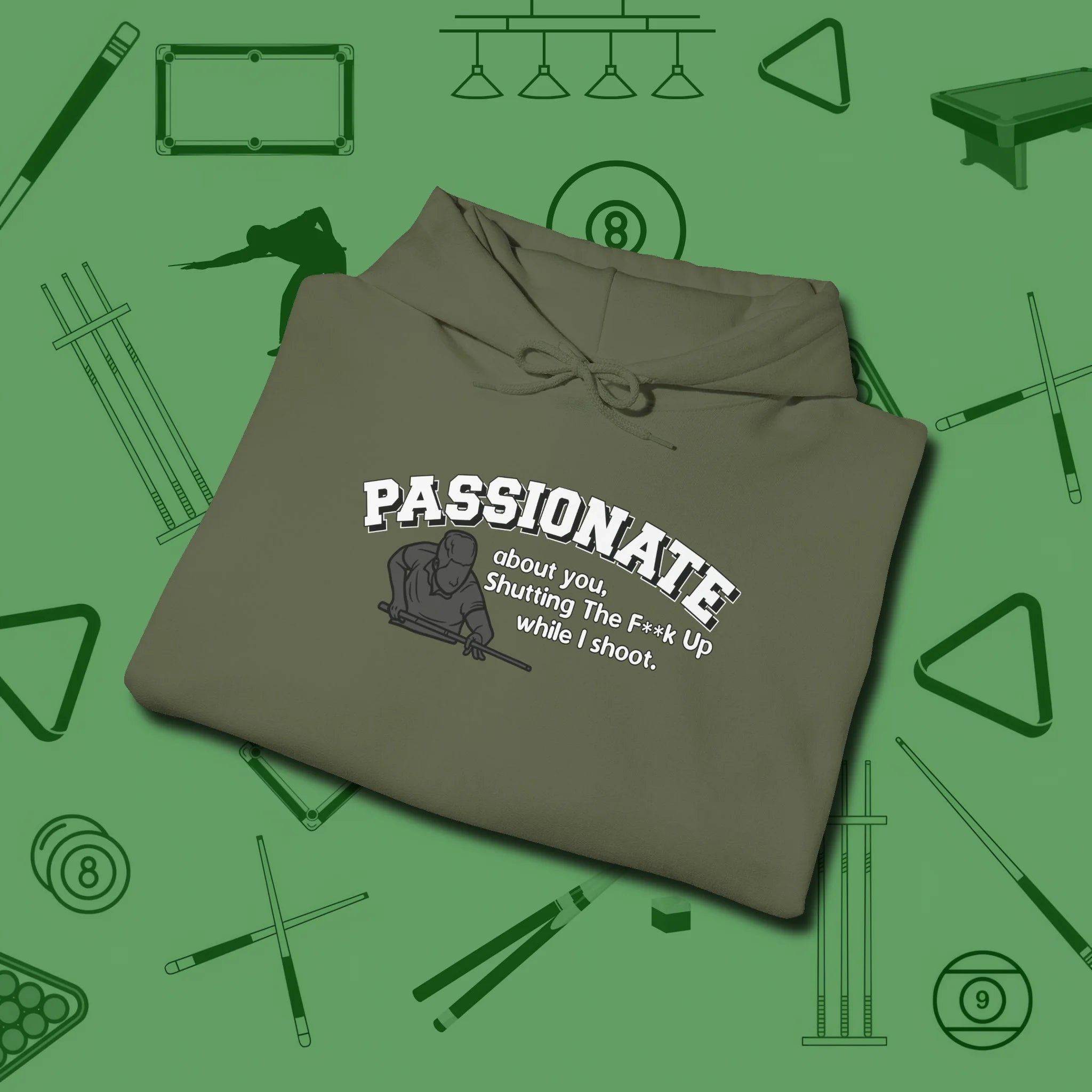 Passionate Billiards Hoodie, folded view, in Military Green confidence stitched in every seam