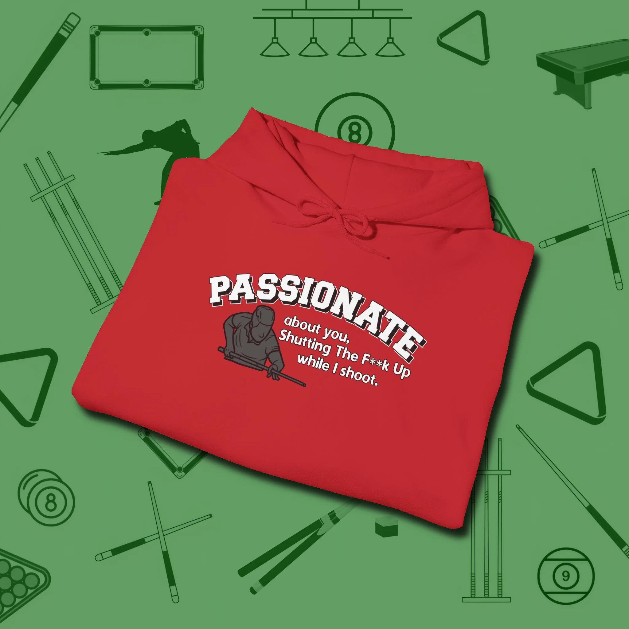 Passionate Billiards Hoodie, folded view, in Red the official uniform of the after-hours crew