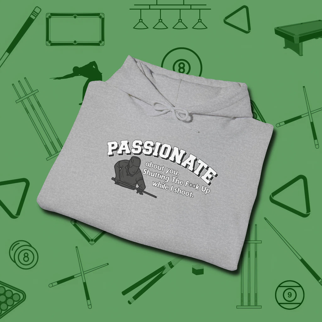 Passionate Billiards Hoodie, folded view, in Sport Grey clean lines for dirty minds