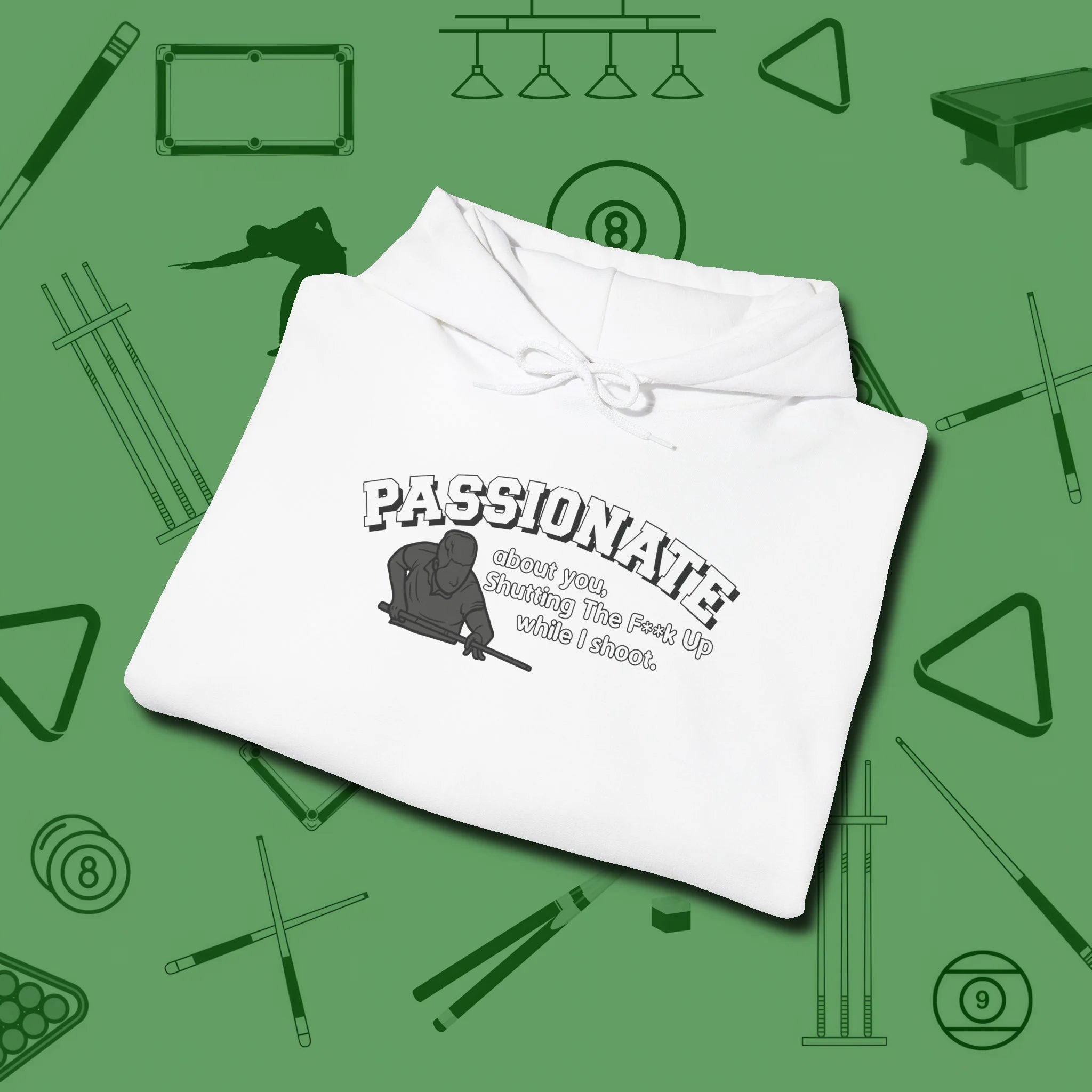 Passionate Billiards Hoodie, folded view, in White put your best game on display