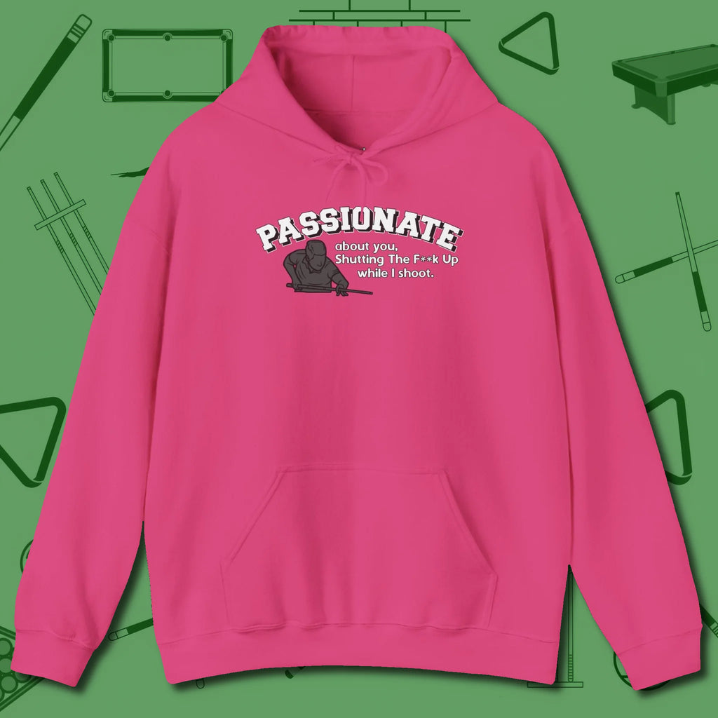 Passionate Billiards Hoodie, front view, in Heliconia look good while calling your pocket