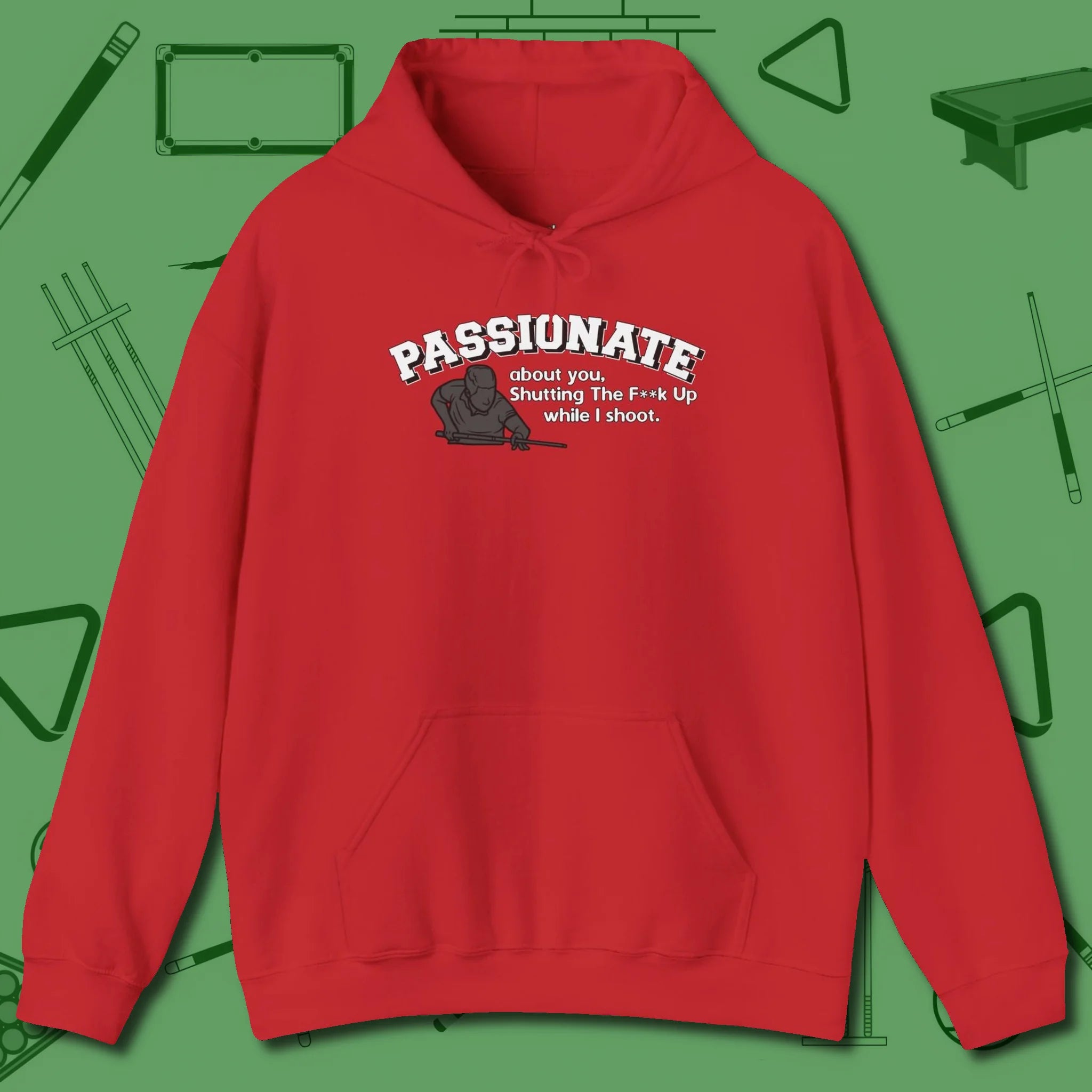 Passionate Billiards Hoodie, front view, in Red where cue control meets personal style
