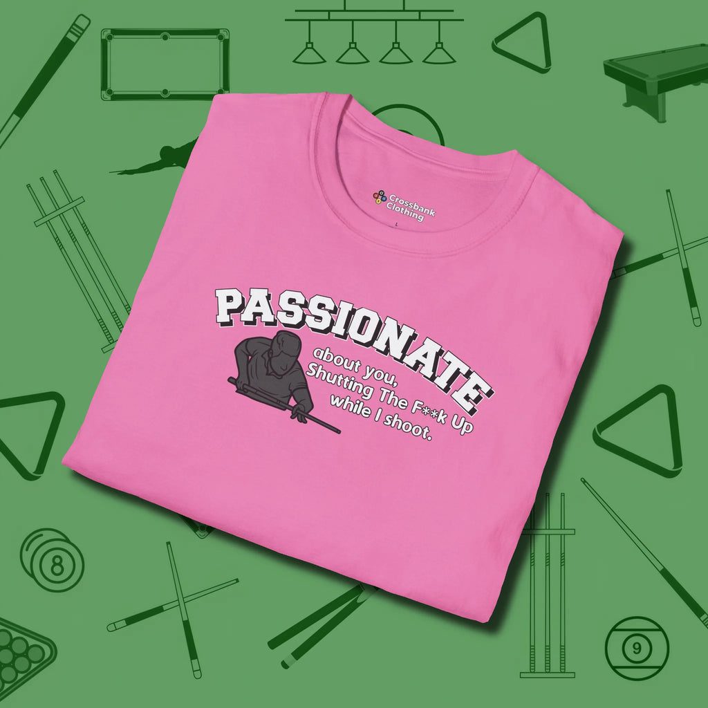 Passionate Billiards T-Shirt, folded view, in Azalea perfect for players with quiet fire