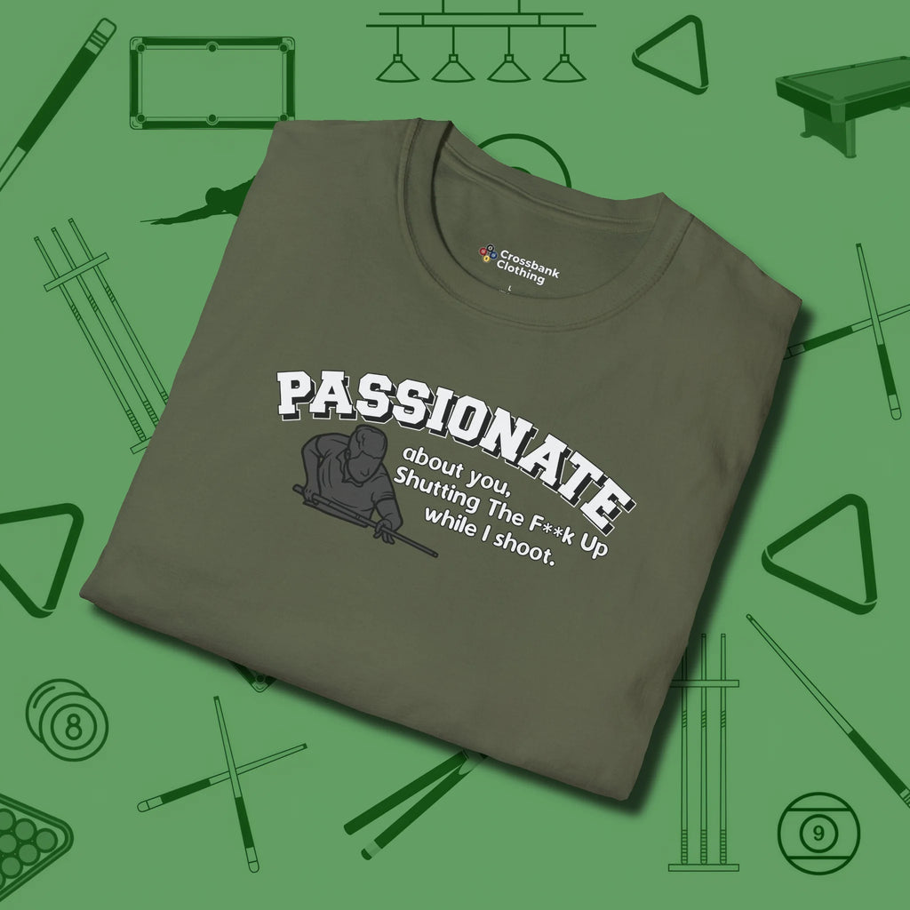 Passionate Billiards T-Shirt, folded view, in Military Green helps your stroke and your style