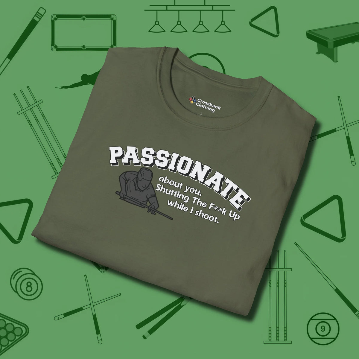 Passionate Billiards T-Shirt, folded view, in Military Green helps your stroke and your style