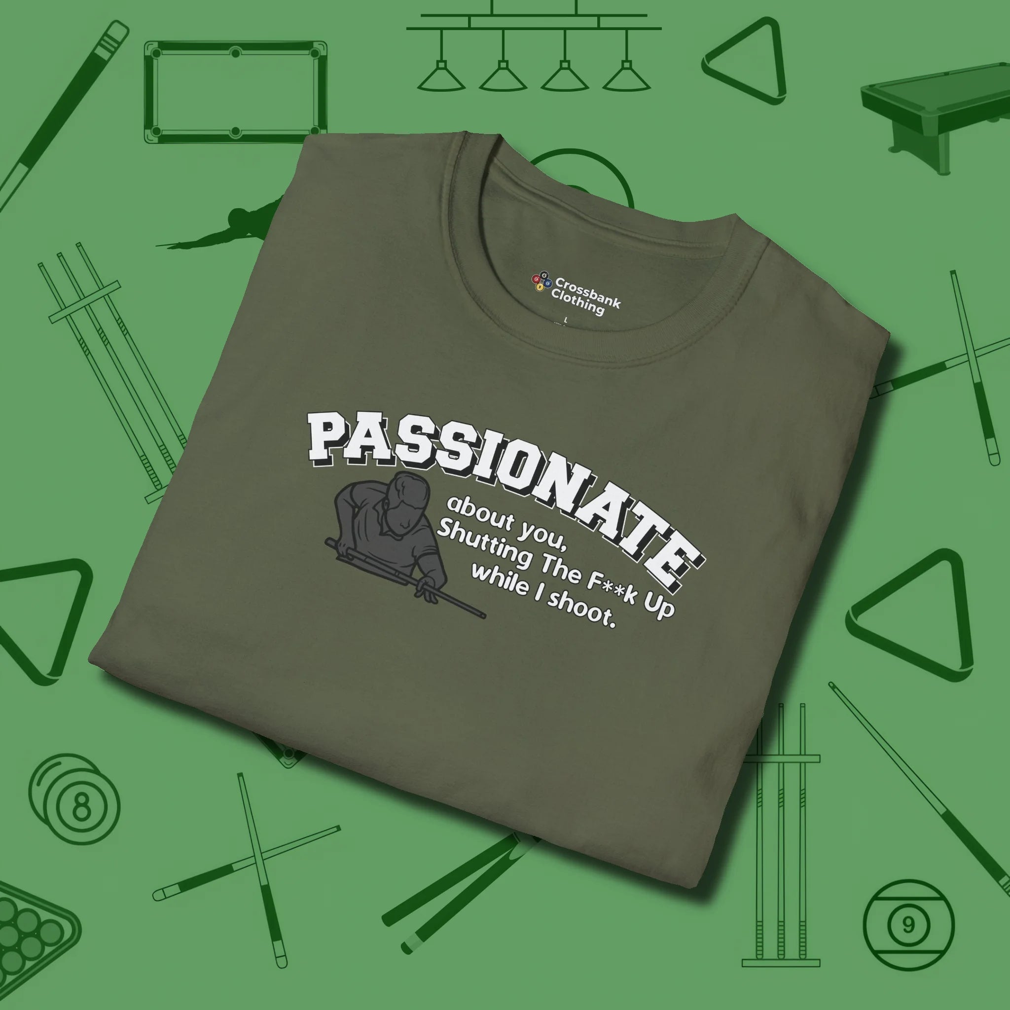 Passionate Billiards T-Shirt, folded view, in Military Green helps your stroke and your style