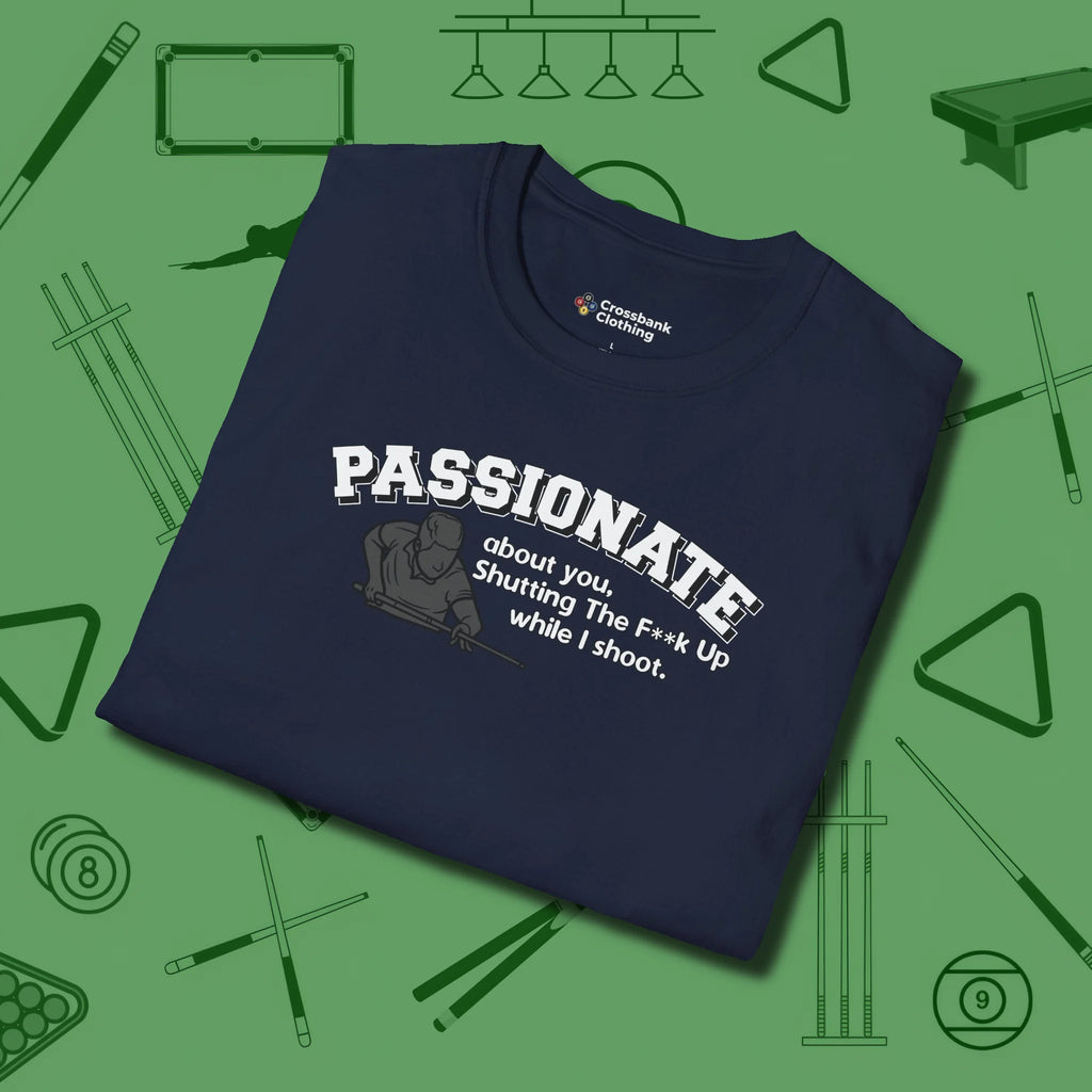 Passionate Billiards T-Shirt, folded view, in Navy poolroom style with tournament attitude