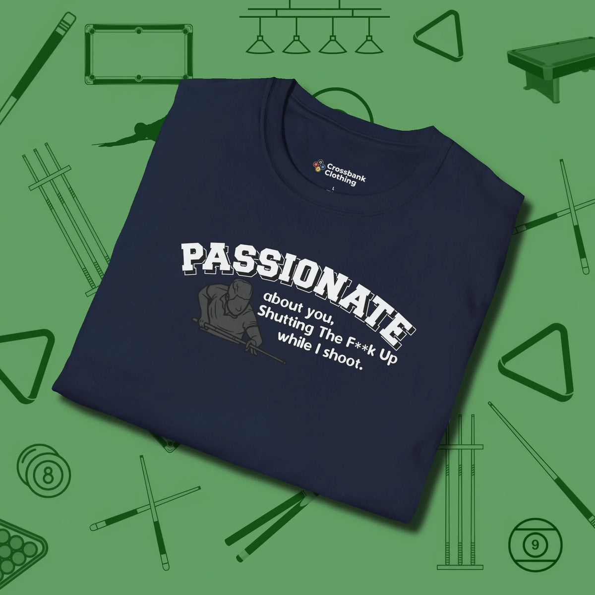 Passionate Billiards T-Shirt, folded view, in Navy poolroom style with tournament attitude