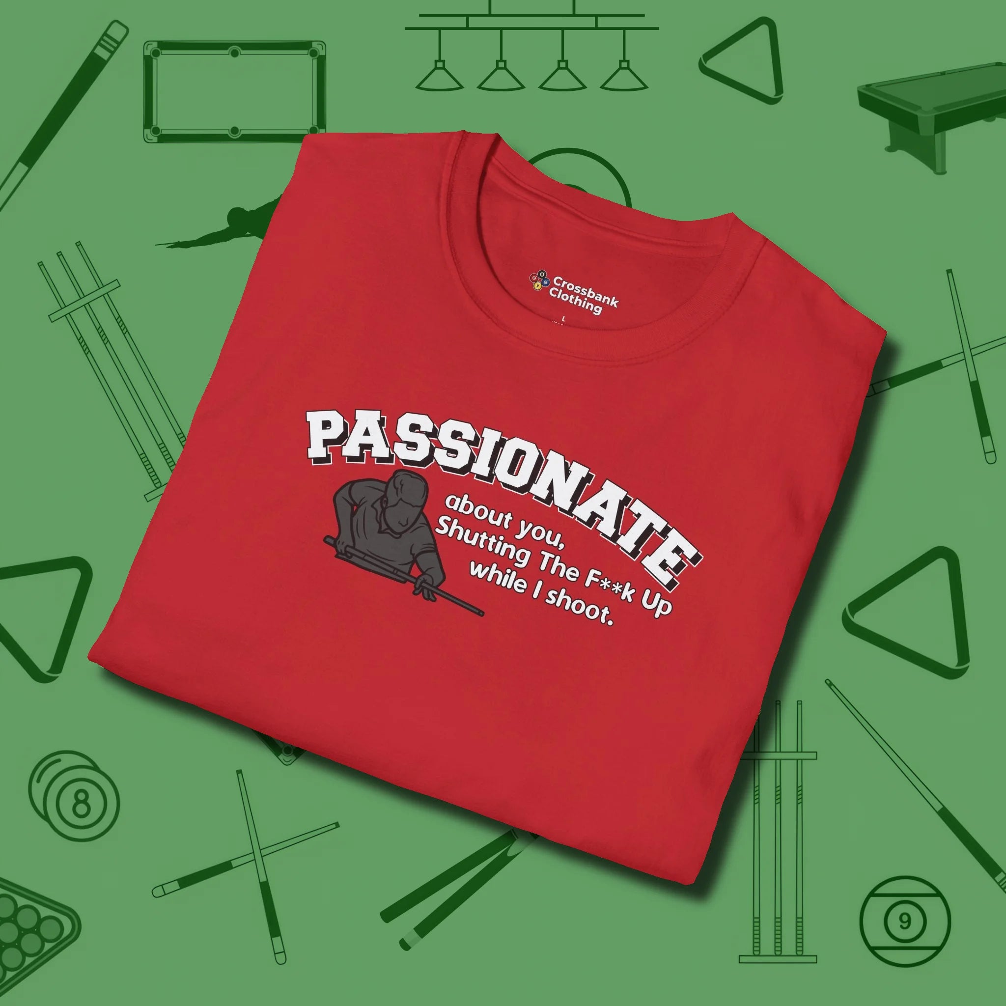 Passionate Billiards T-Shirt, folded view, in Red an extension of your pool persona