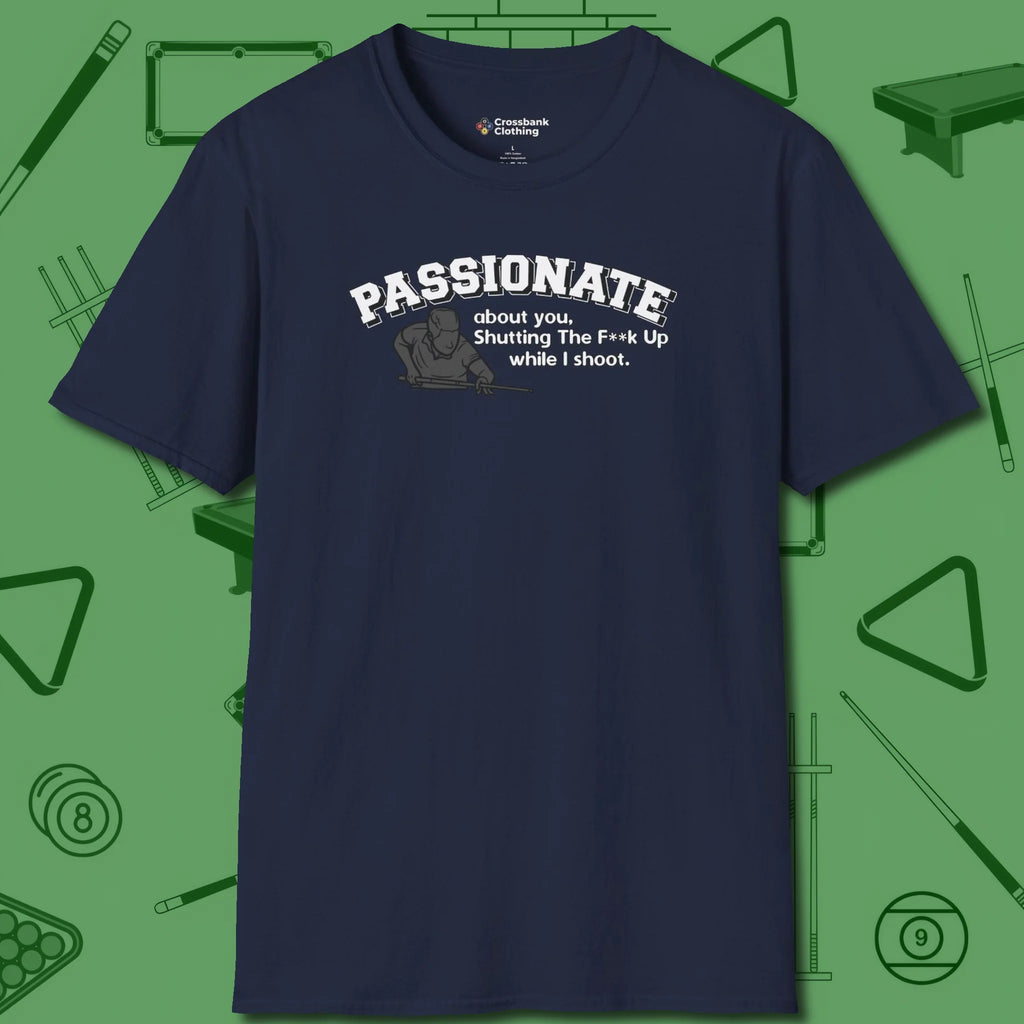 Passionate Billiards T-Shirt, front view, in Navy styled to dominate from rack to run-out