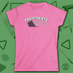 Passionate Billiards Women's Cut Tee, in Azalea color, pool shirt, front view