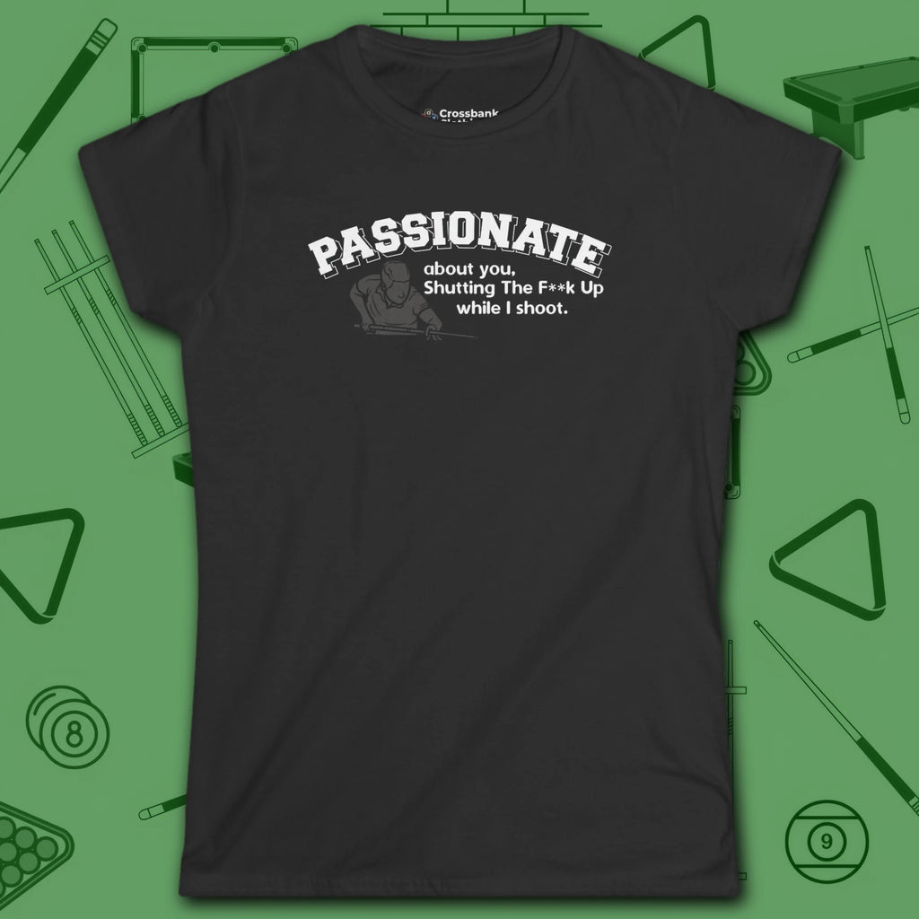 Passionate Billiards Women's Cut Tee, in Black color, pool shirt, front view