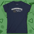 Passionate Billiards Women's Cut Tee, in Navy color, pool shirt, front view