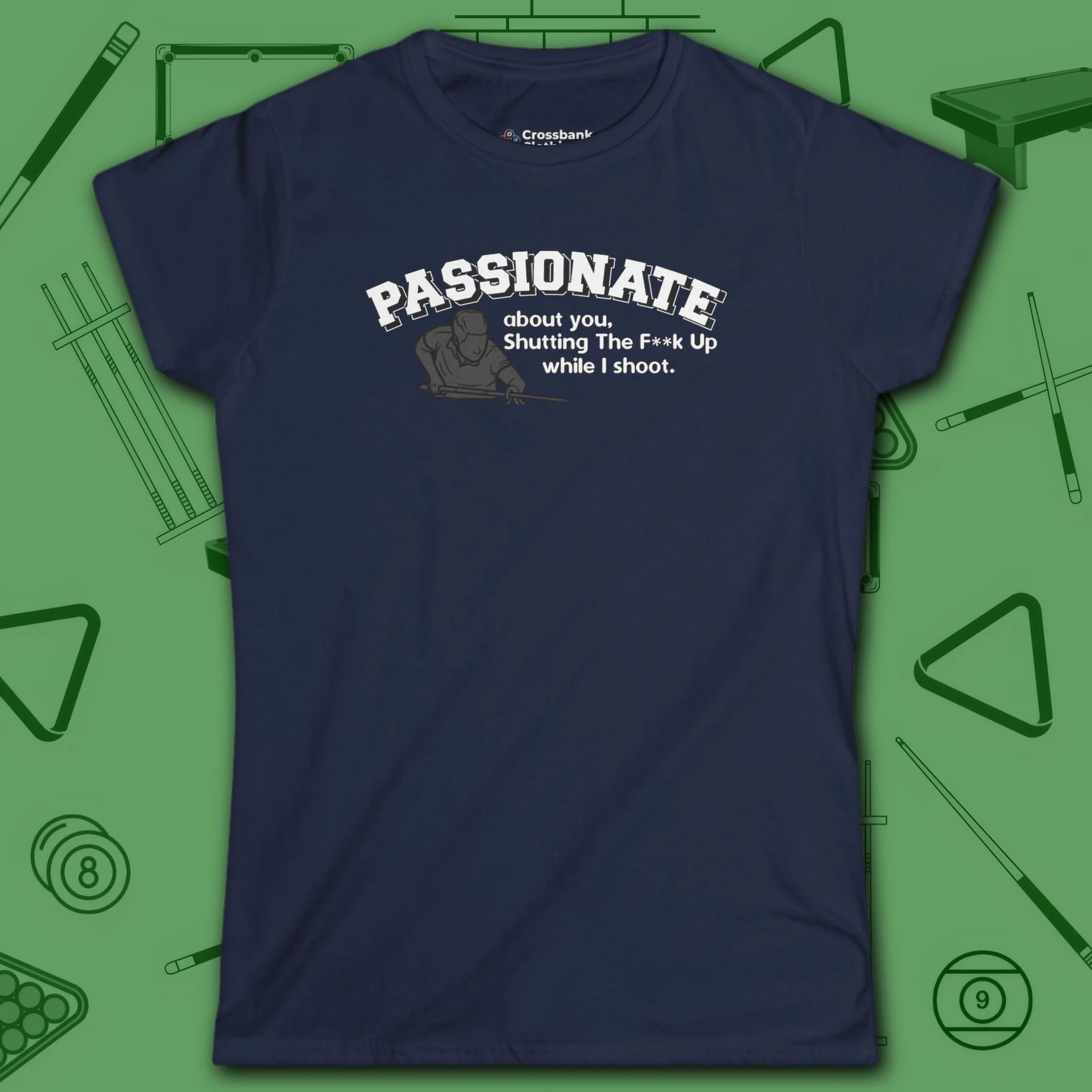 Passionate Billiards Women's Cut Tee, in Navy color, pool shirt, front view