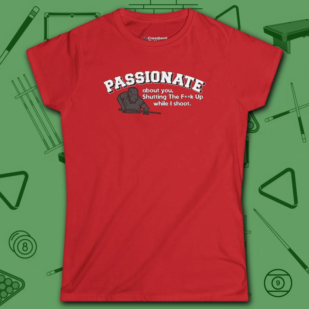 Passionate Billiards Women's Cut Tee, in Red color, pool shirt, front view