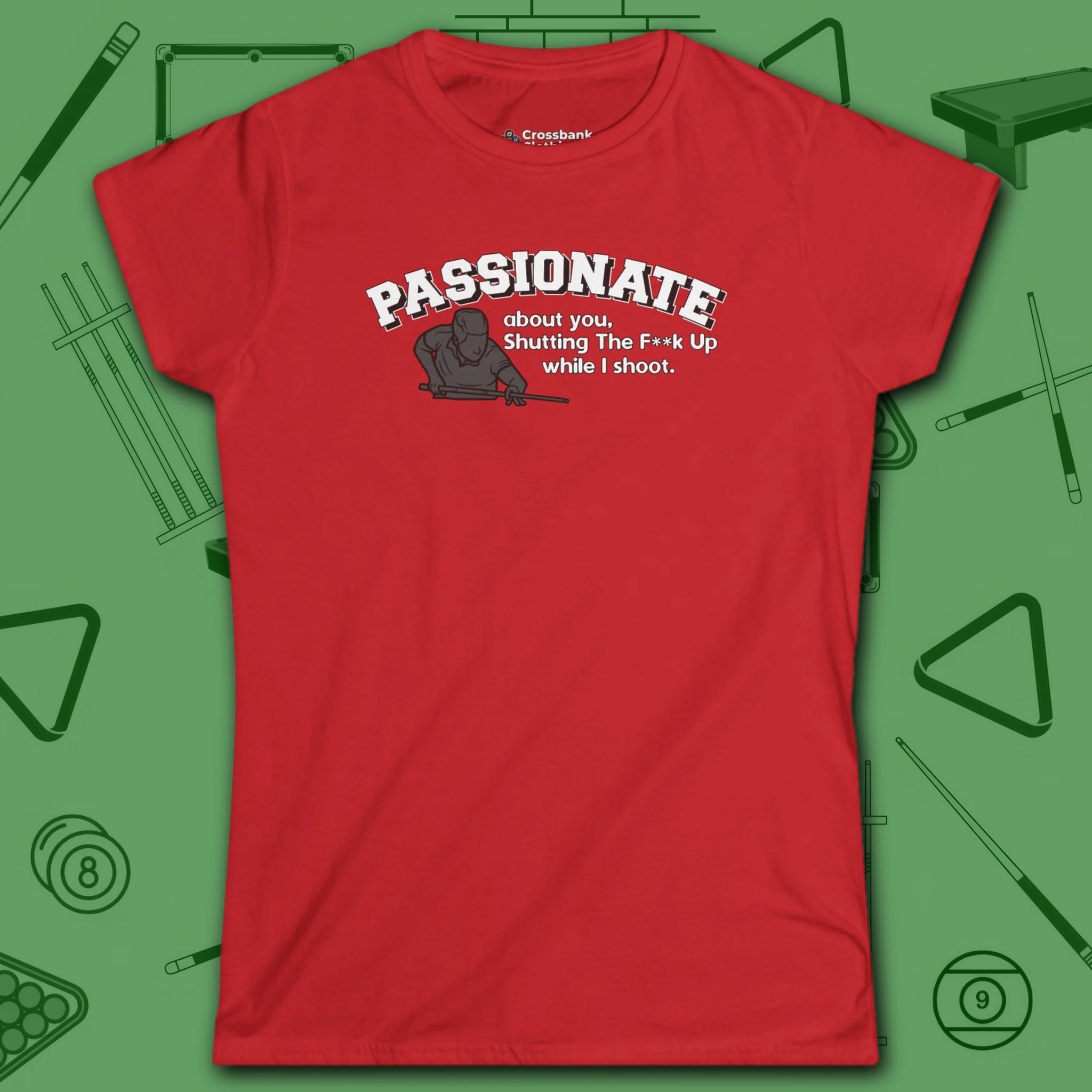 Passionate Billiards Women's Cut Tee, in Red color, pool shirt, front view