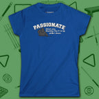 Passionate Billiards Women's Cut Tee, in Royal color, pool shirt, front view