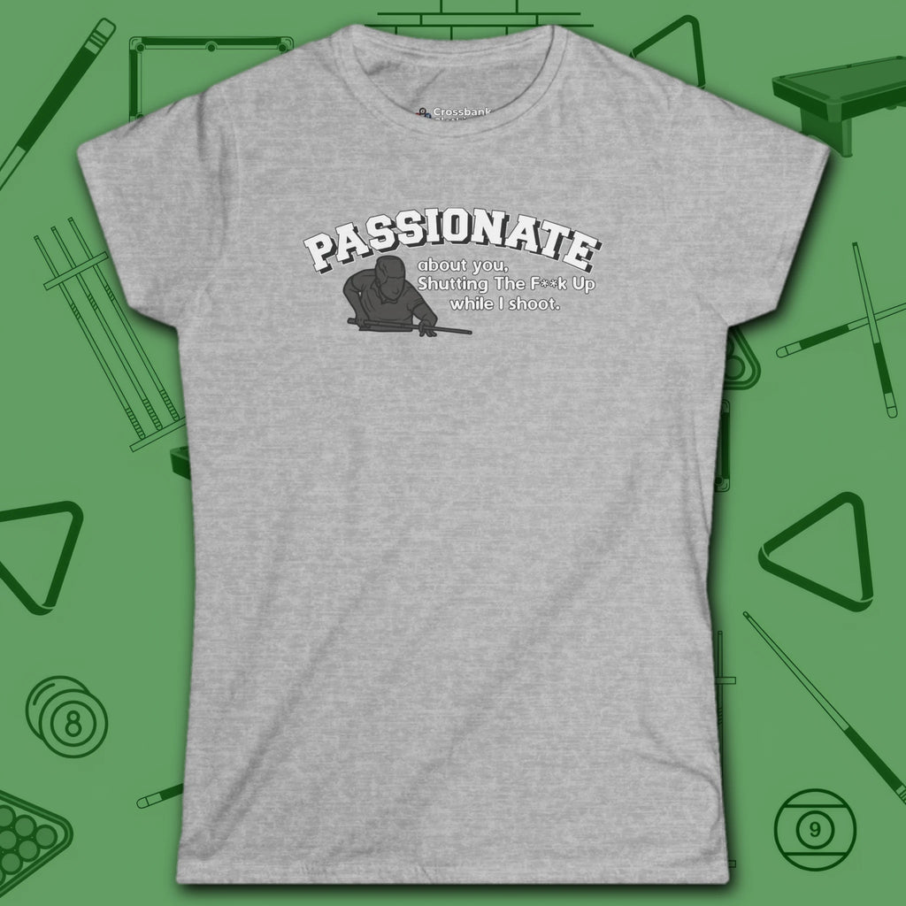 Passionate Billiards Women's Cut Tee, in Sport Grey color, pool shirt, front view