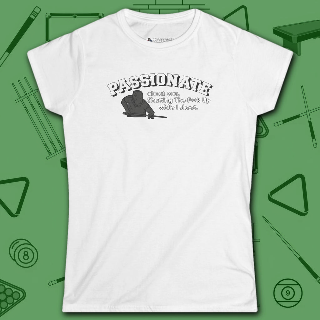 Passionate Billiards Women's Cut Tee, in White color, pool shirt, front view
