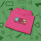 Peace Love Pool Hoodie, in Heliconia color, billiards shirt, folded view