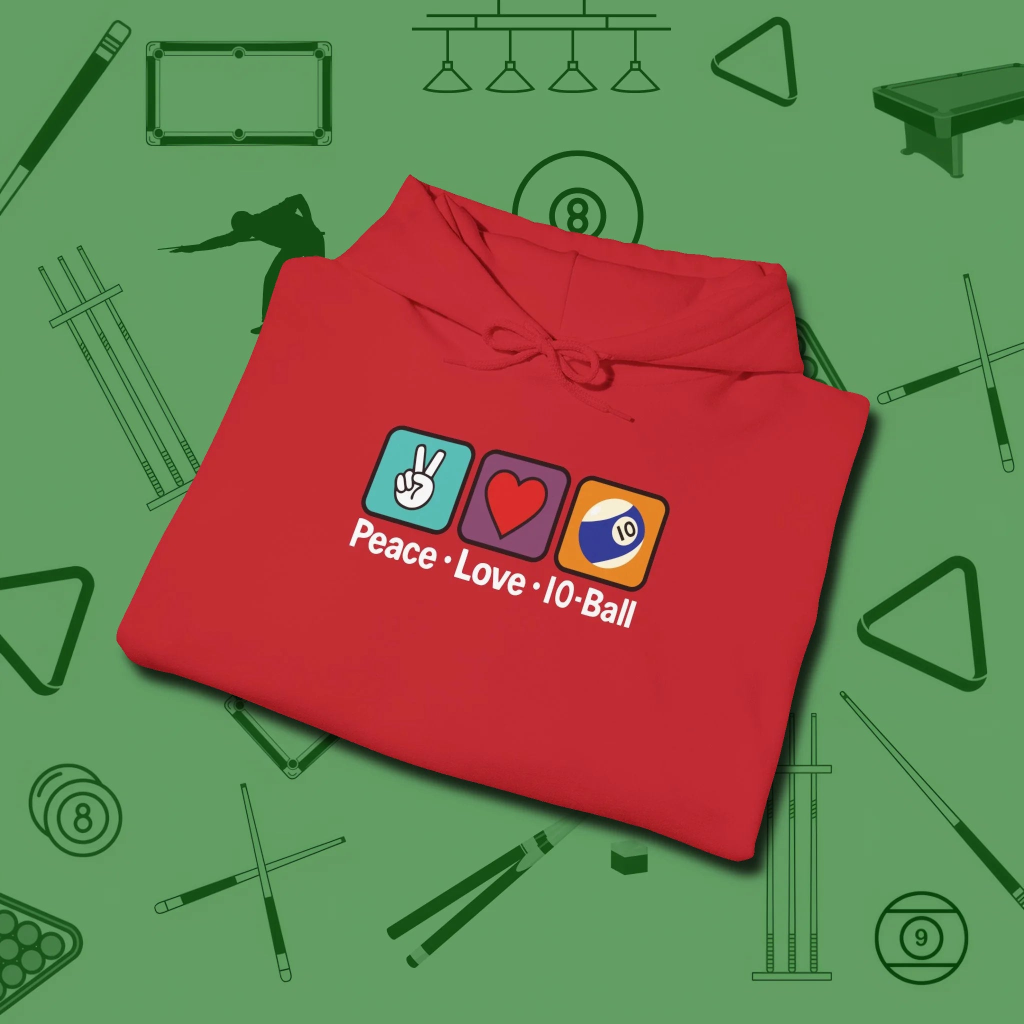 Peace Love Pool Hoodie, in Red color, billiards shirt, folded view