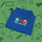 Peace Love Pool Hoodie, in Royal color, billiards shirt, folded view