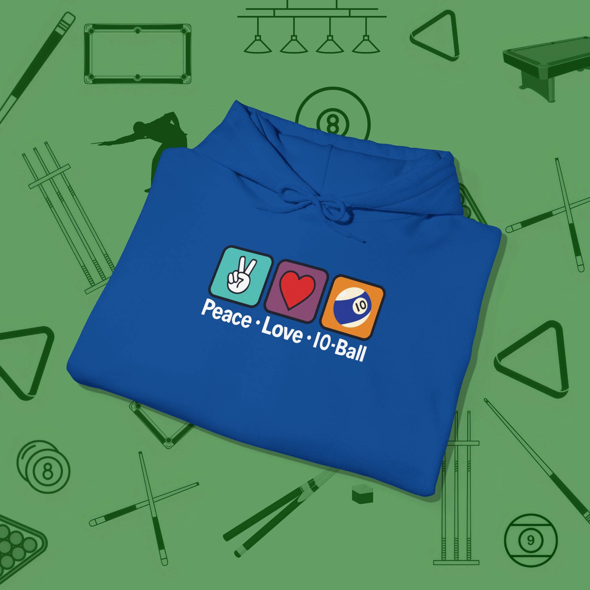 Peace Love Pool Hoodie, in Royal color, billiards shirt, folded view