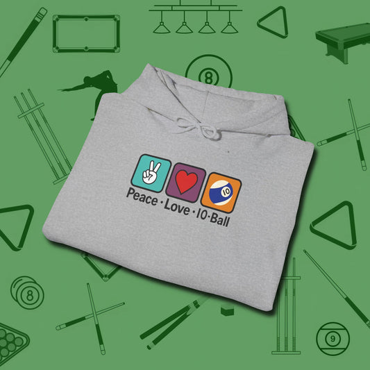 Peace Love 10-Ball Hoodie, folded view, in Sport Grey your secret weapon off the table