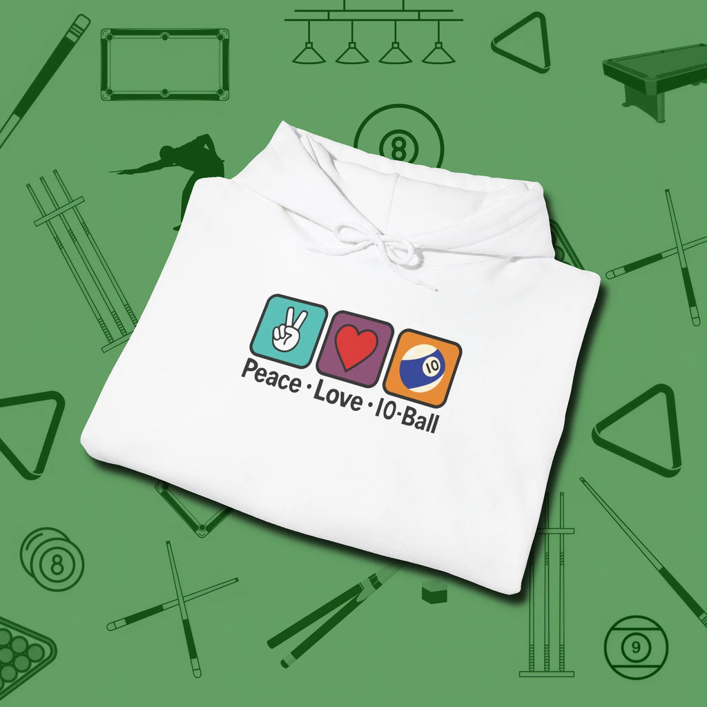 Peace Love Pool Hoodie, in White color, billiards shirt, folded view