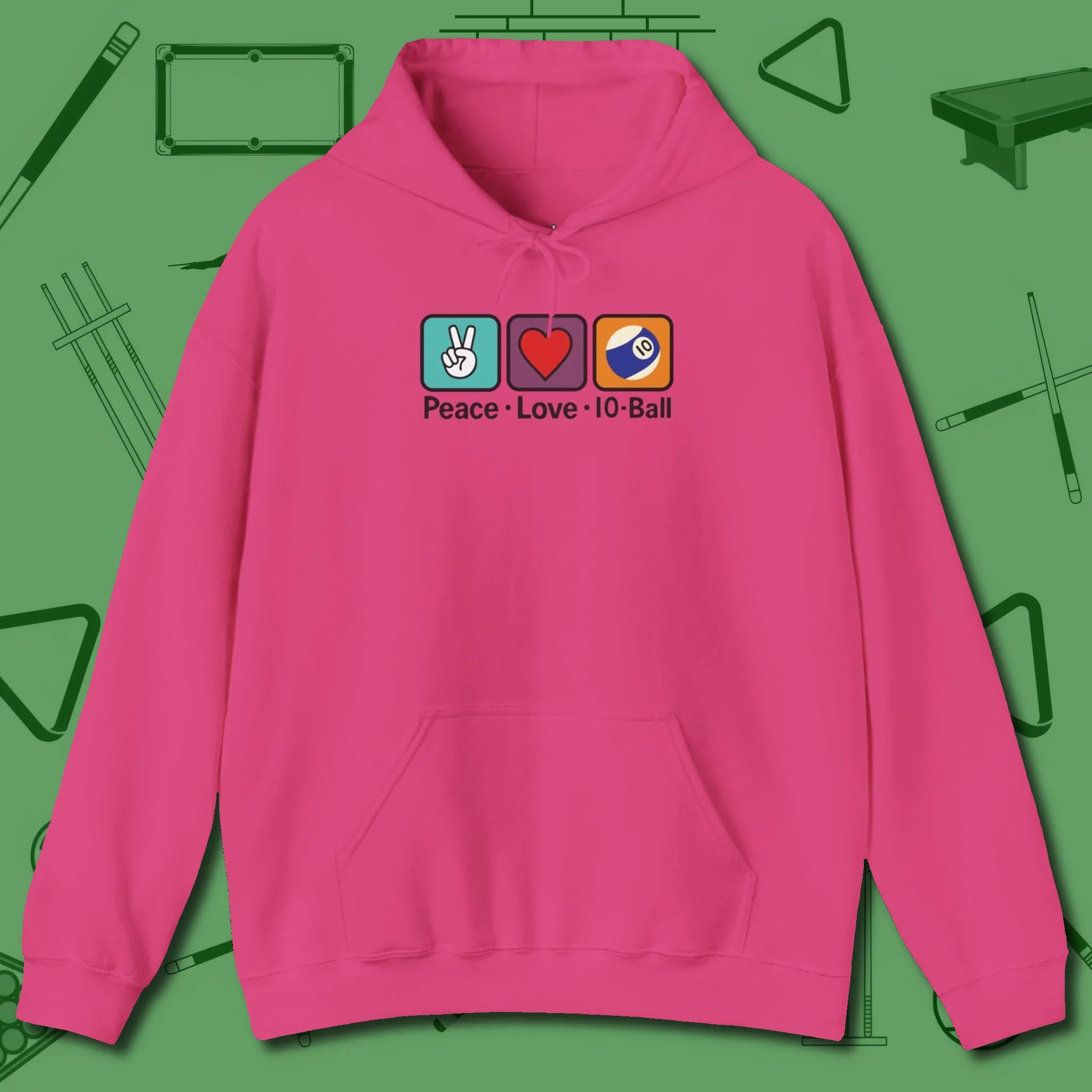 Peace Love Pool Hoodie, in Heliconia color, billiards shirt, front view