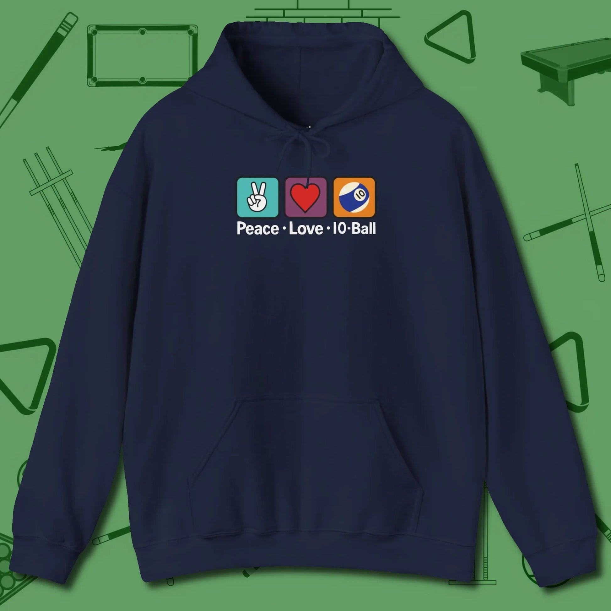 Peace Love 10-Ball Hoodie, front view, in Navy confidence stitched in every seam