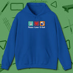 Peace Love Pool Hoodie, in Royal color, billiards shirt, front view