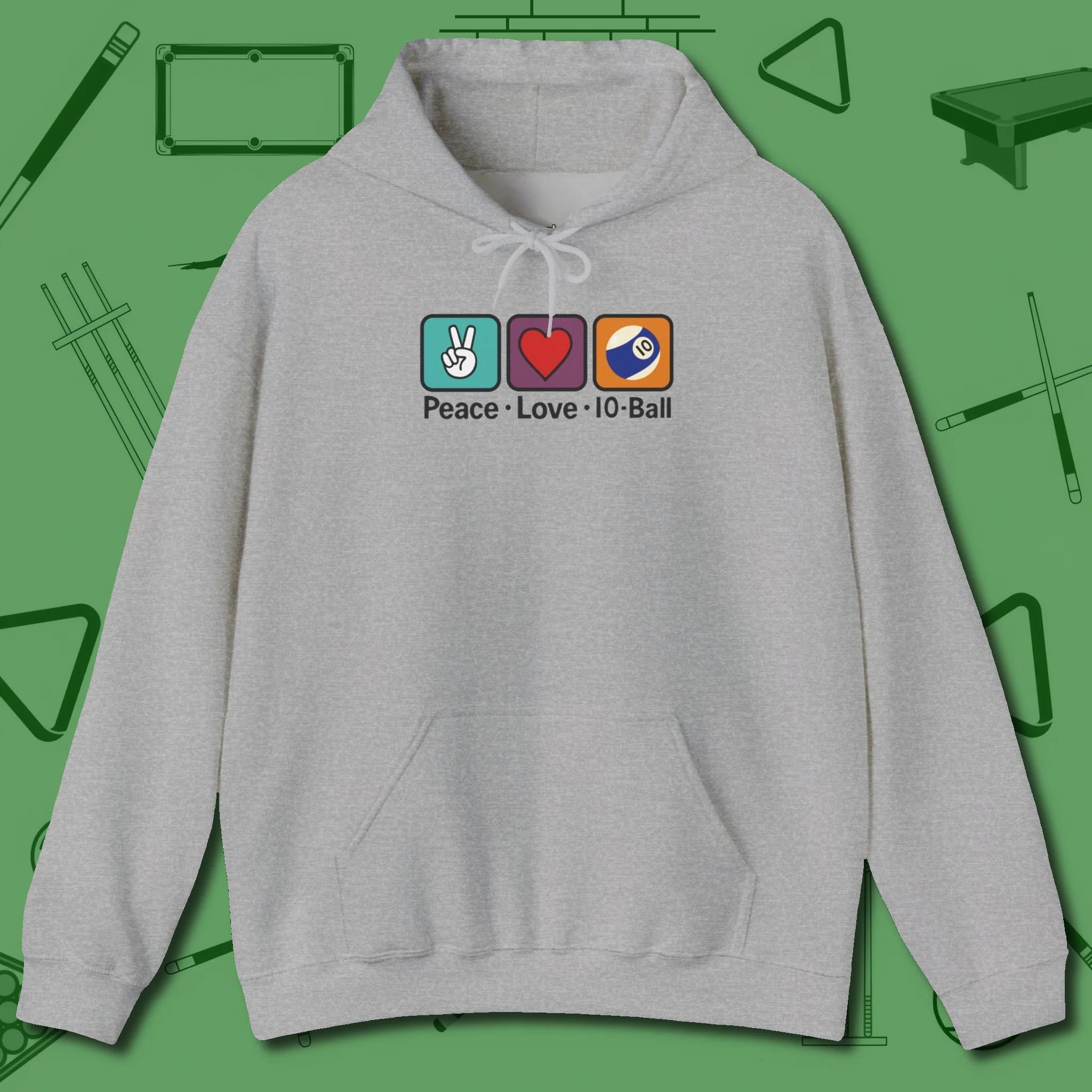 Peace Love Pool Hoodie, in Sport Grey color, billiards shirt, front view