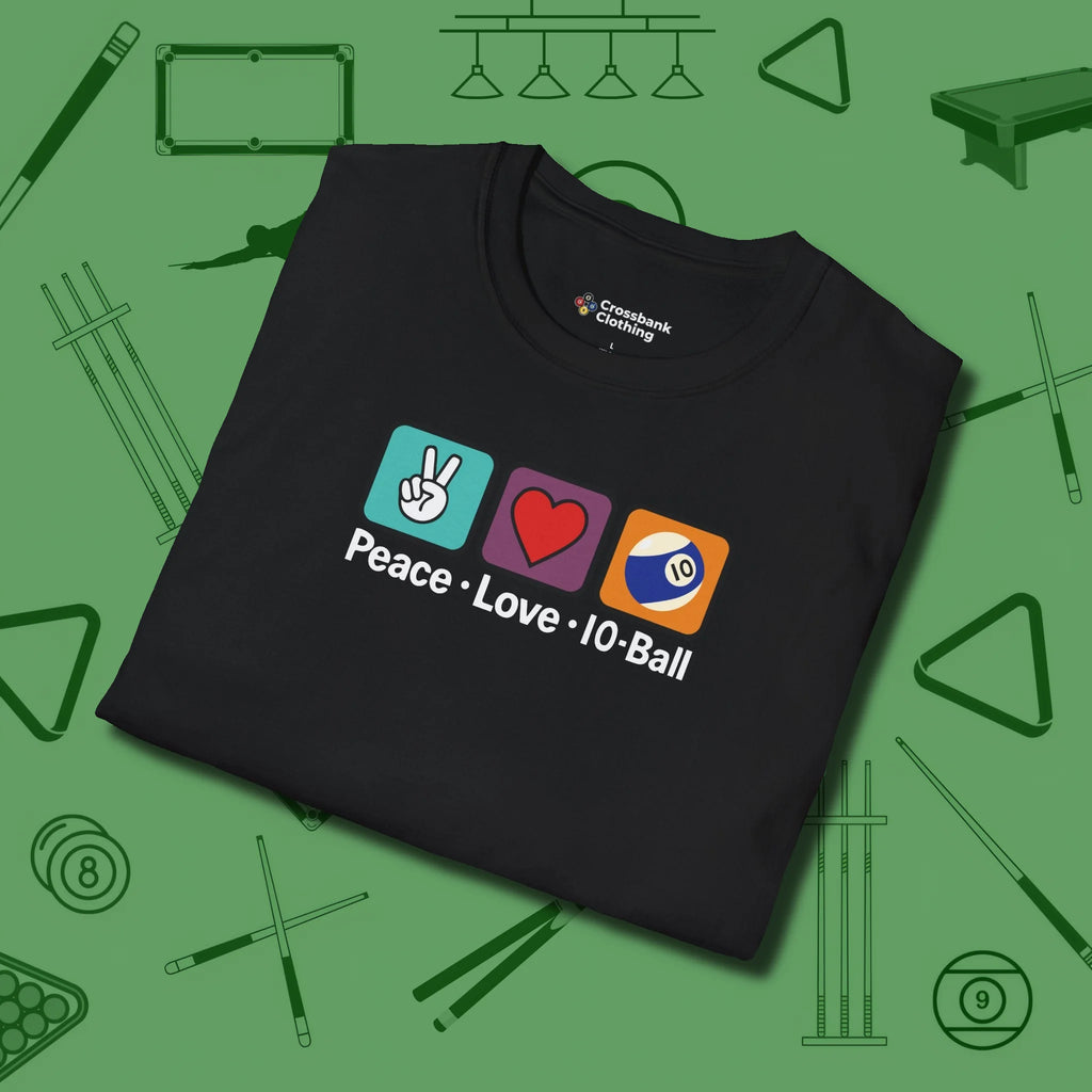 Peace Love Pool T-Shirt, in Black color, billiards shirt, folded view