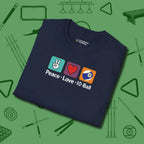 Peace Love Pool T-Shirt, in Navy color, billiards shirt, folded view